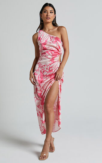 Elycia Midi Dress - One Shoulder Side Cut Out Dress in Pink Floral
