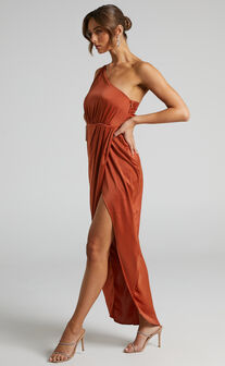 Genoise Midi Dress - One Shoulder Draped Asymmetric Satin Dress in Pink Clay