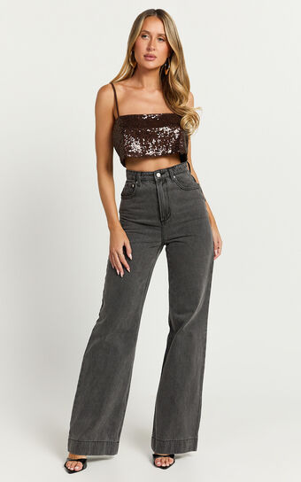 Elswyth Top - Strappy Sequin Crop Cami Top in Chocolate