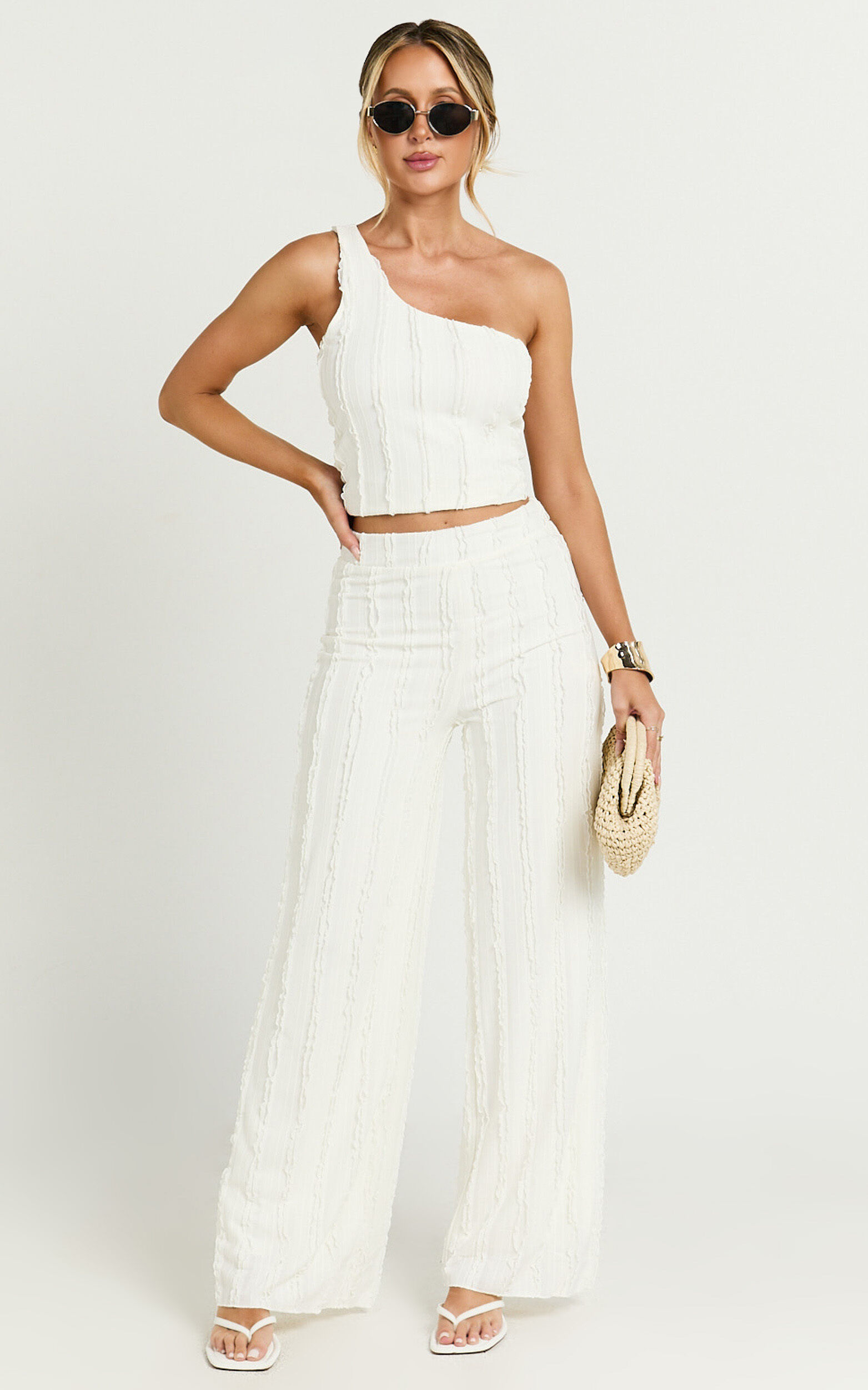 Almarie Pants - Mid Waisted Wide leg Textured Pants in Off White - 06, WHT1