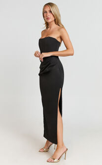 Avery Midi Dress - Strapless Draped Side Split Dress in Black