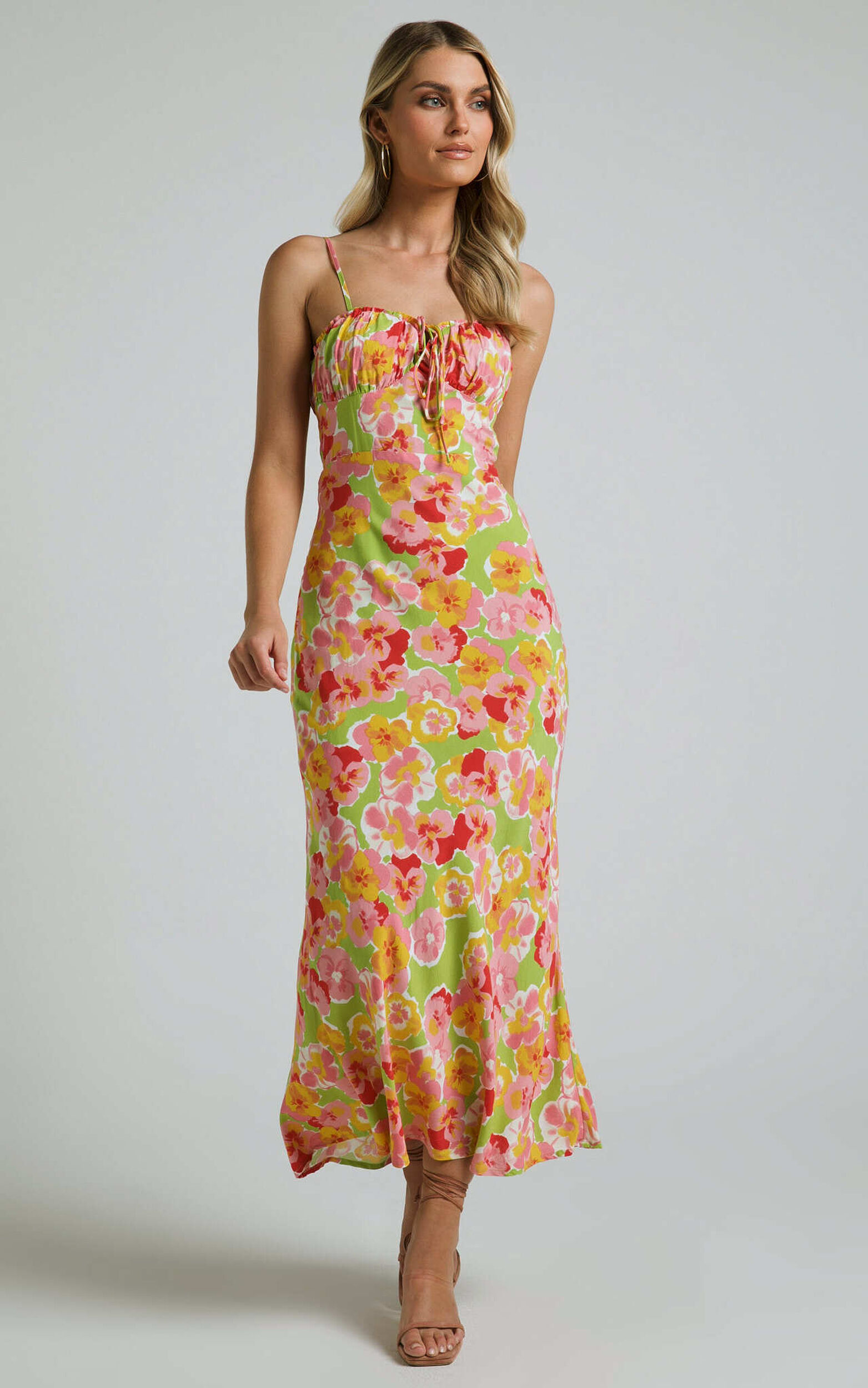 Elmerie Midi Dress - Sleeveless Tie Neck Front Dress in Green Floral Print - 06, GRN1