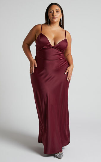 Cariela Midi Dress - Plunge Neck Satin Dress in Wine