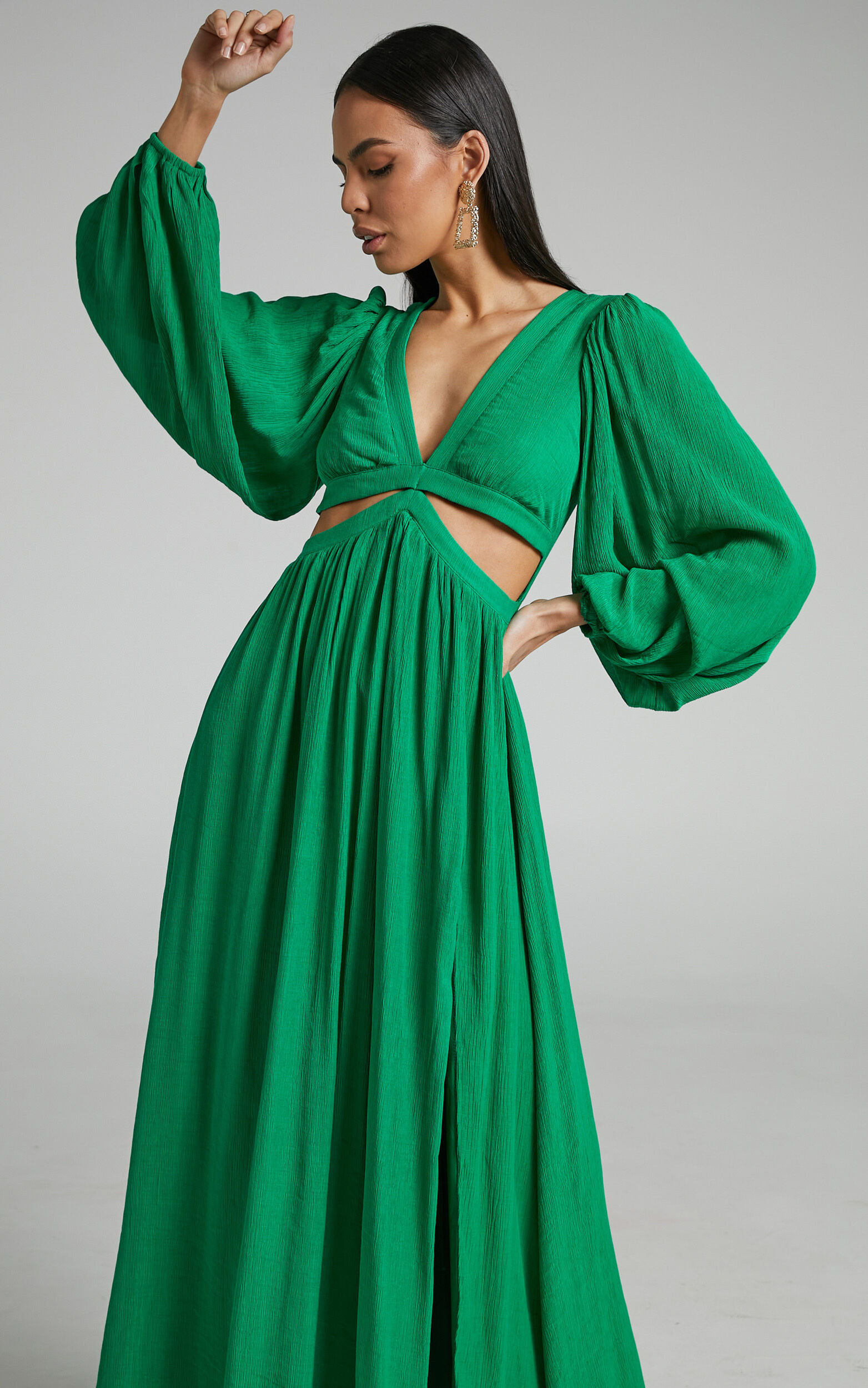 Paige Maxi Dress - Side Cut Out Balloon Sleeve Dress in Green