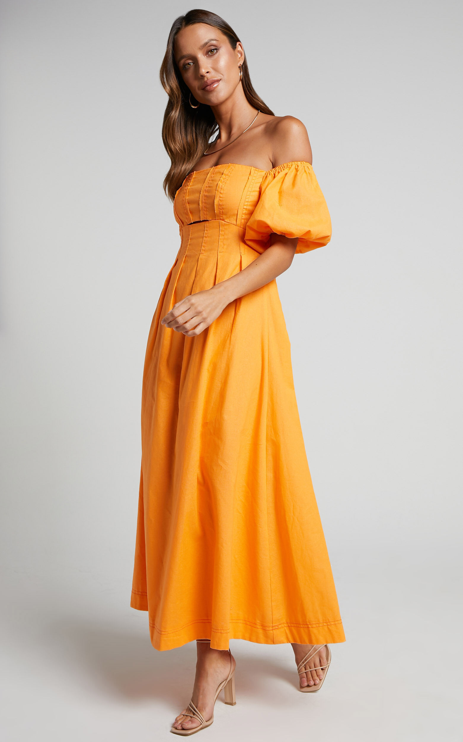 Nora Maxi Dress Linen Off Shoulder Puff Sleeve Dress in Orange