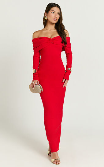Rani Maxi Dress - Off Shoulder Long Sleeve Bodycon Dress in Red
