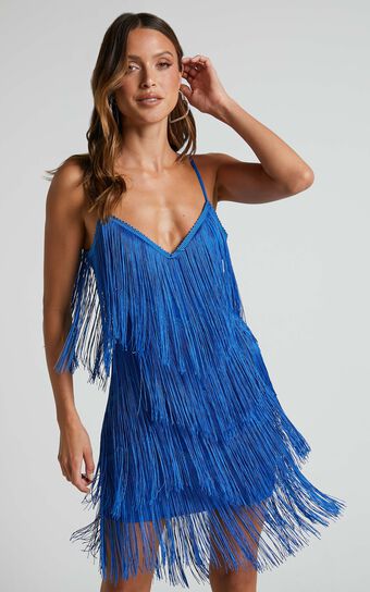 Siofra Mini Dress - Zig Zag Fringe Dress in Cobalt Blue