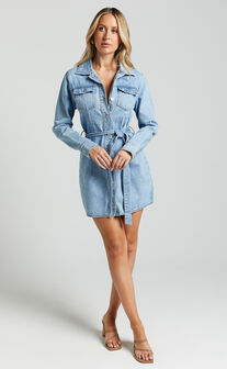 Enriquetta Mini Dress - Cotton Denim Long Sleeve Button Up Dress in Blue