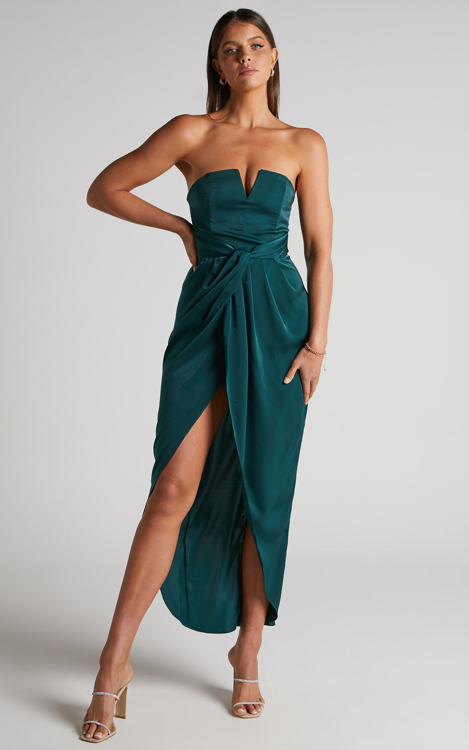Rhyanna Midi Dress - Twist Front Strapless Dress in Emerald - 06, GRN1