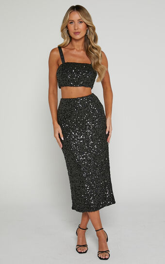 Falka Two Piece Set  Strapless High Waisted Midi Skirt in Black