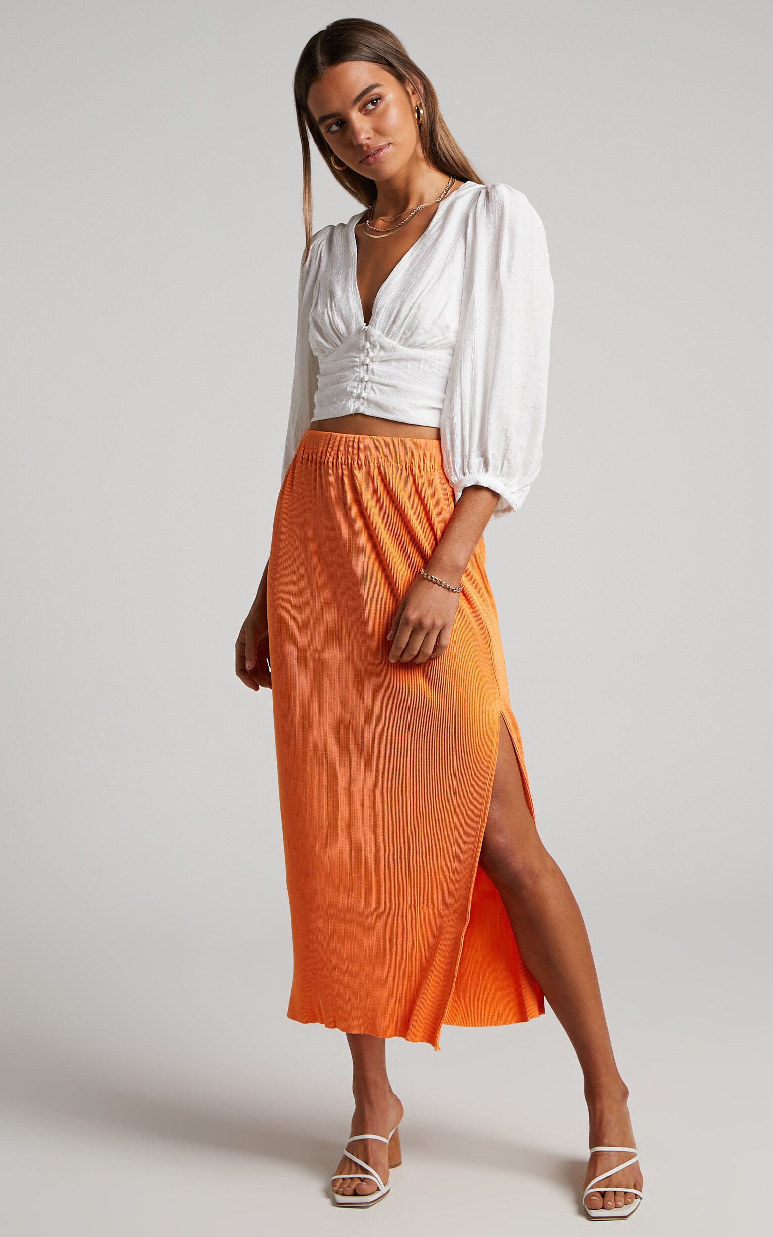 Amarante Midi Skirt Side Split Plisse Skirt in Orange