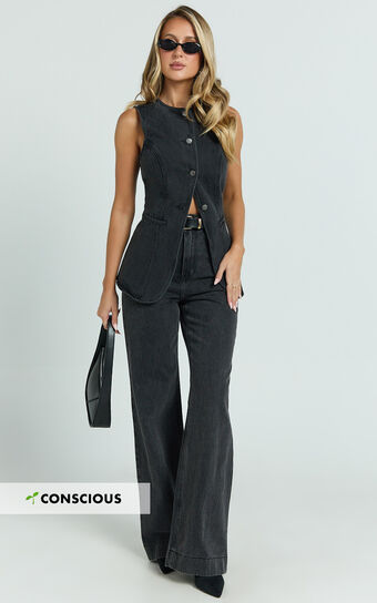 Rhianna Top - Button Down Longline Recycled Denim Vest Top in Black