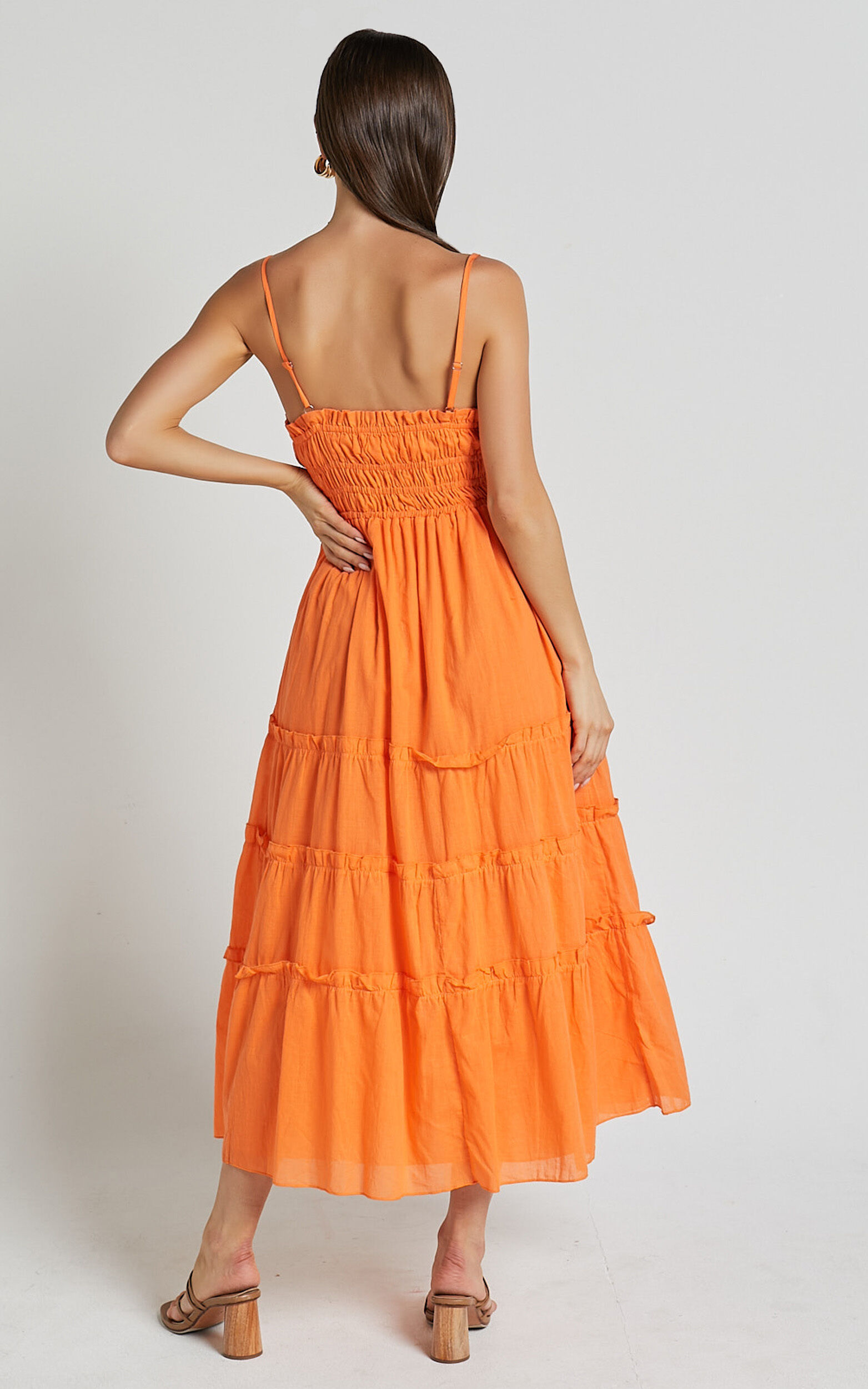 Schiffer Midi Dress - Strappy Ruched Tie Front Tiered Dress in Mandarin ...