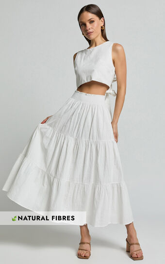 Ruby Midi Skirt - Shirred High Waist Cotton Tiered Maxi Skirt in Off White