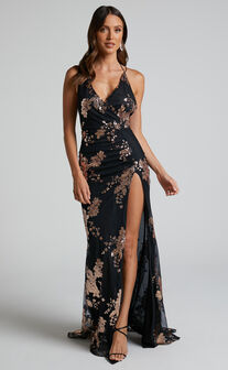 Joemelyn Maxi Dress - Floral Embellished Sequin Halter Cross Back Dress in Black / Gold