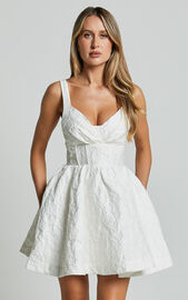 Cate Mini Dress - Sweetheart Pleated Bust Jacquard Mini Dress in White ...