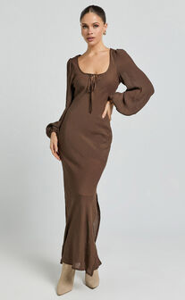 Sydney Midi Dress - Scoop Neck Long Sleeve Slip Dress in Brown