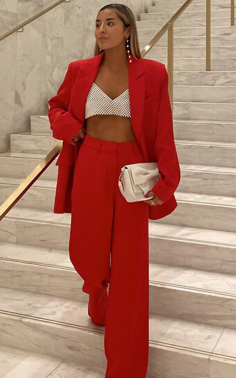 Michelle Blazer - Oversized Plunge Neck Button Up Blazer in Red Showpo