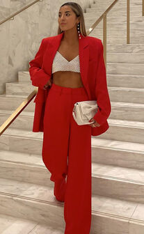 Michelle Blazer - Oversized Plunge Neck Button Up Blazer in Red