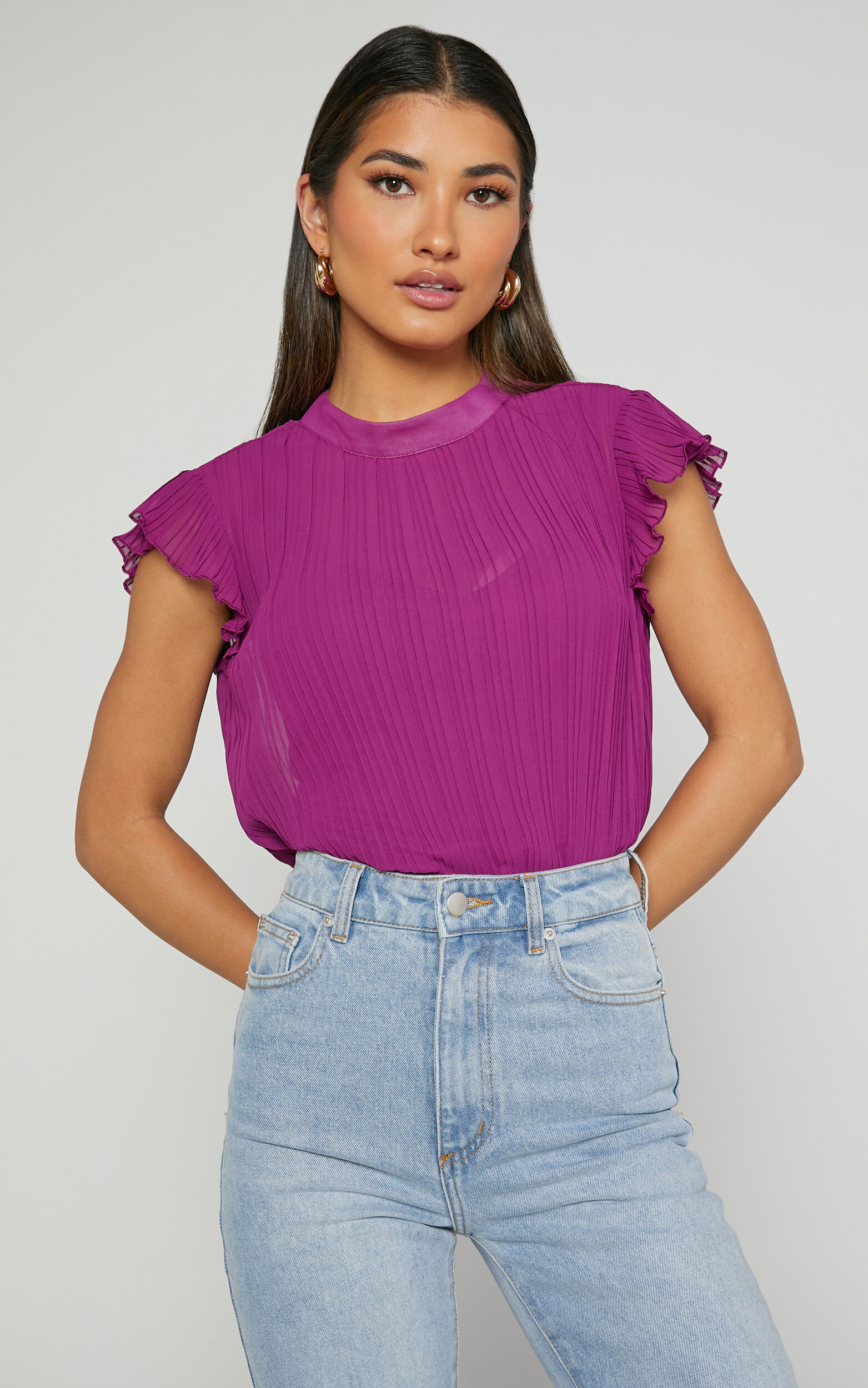 Harlow Top - High Neck Pleated Workwear Top in Plum - 06, PNK1
