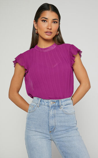 Harlow Top - High Neck Pleated Workwear Top in Plum