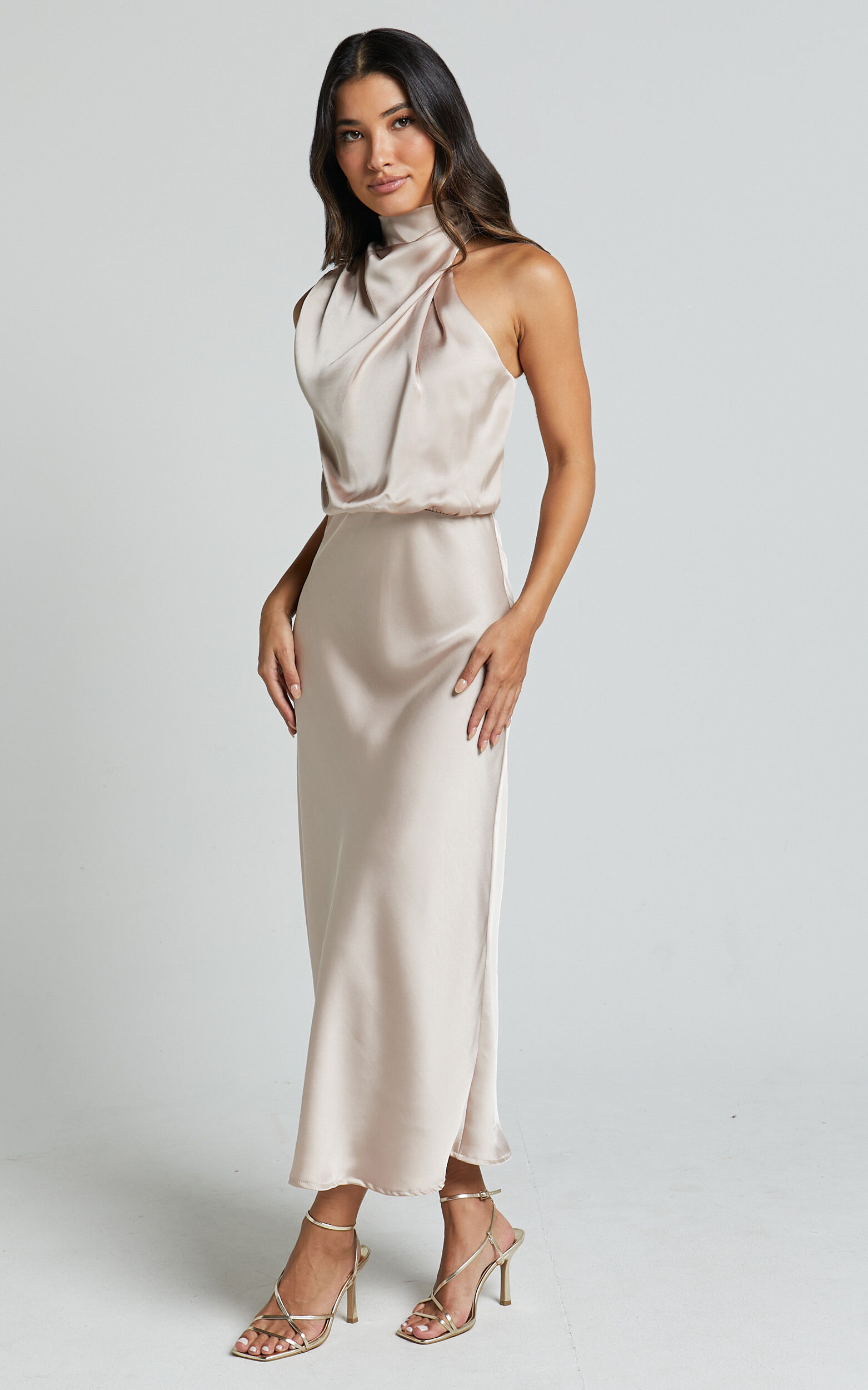 Champagne silk midi dress deals