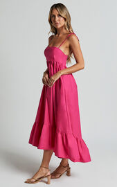 Aveiro Midi Dress - Straight Neck Shoulder Tie High Low Ruffle Hem in ...