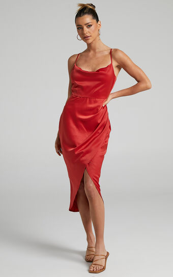 Dazzling Lights Midi Dress - Cowl Neck Draped Dress in Red