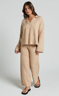 Livia Pants - Knitted High Waisted Side Split Pants in Beige Marl