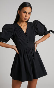 Zandra Mini Dress - Puff Sleeve Poplin Dress in Black