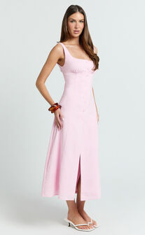 Cameron Midi Dress - Button Front Tie Back Dress in Pink