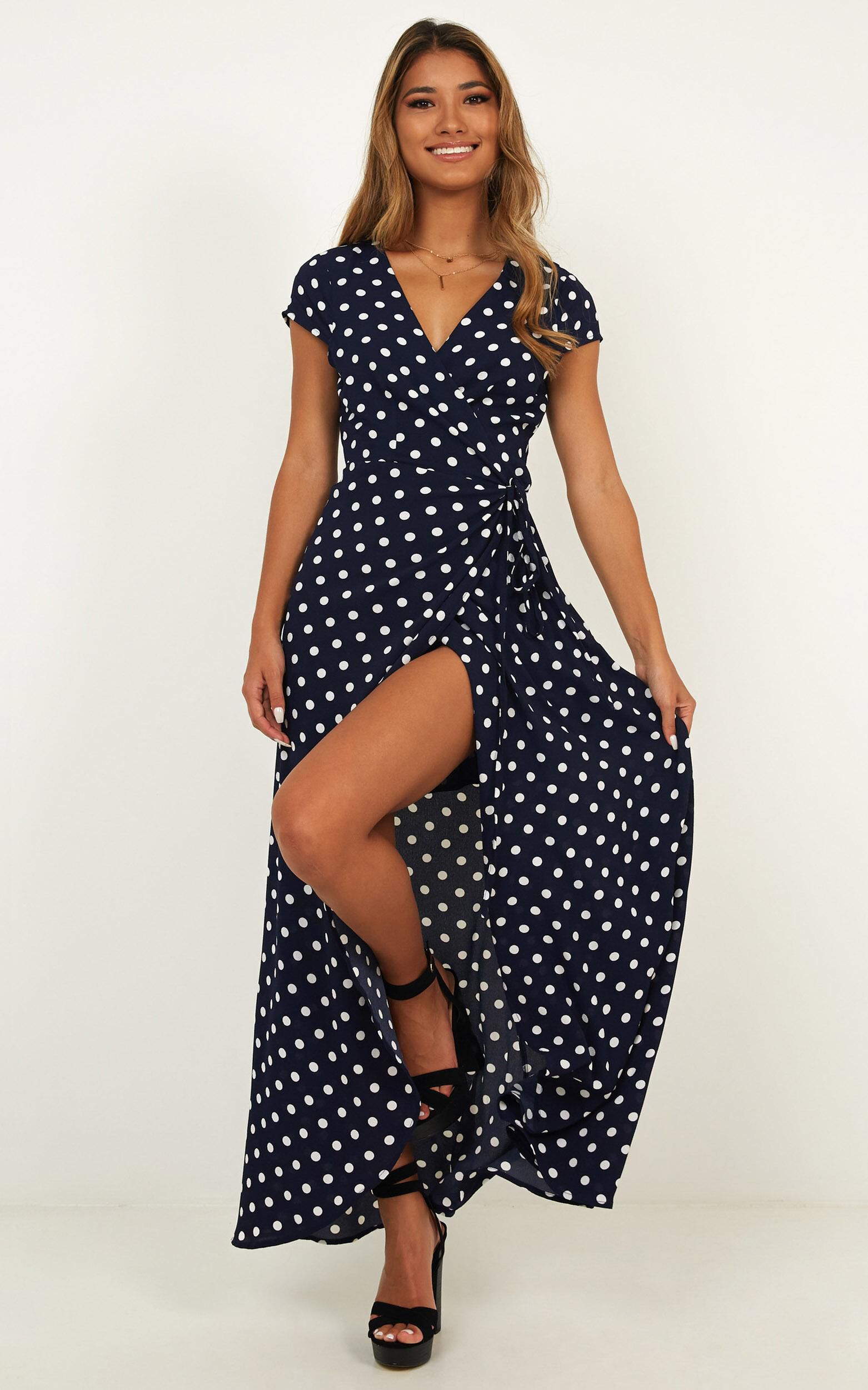 Wrap And Cross Maxi Dress In Navy Spot
