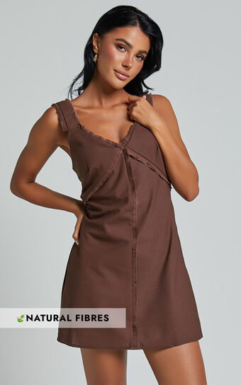 Lauryn Mini Dress - Linen V Neck A Line Dress in Chocolate