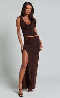 Darla Two Piece Set - Cowl Neck Low Back Top and Thigh Split Midi Skirt Set in Chocolate