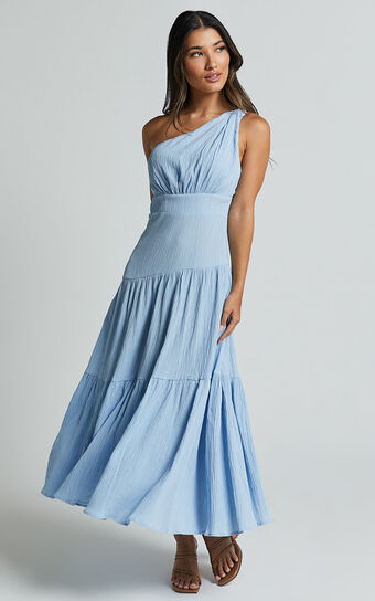 Celestia Midi Dress - Tiered One Shoulder Dress in Soft Blue