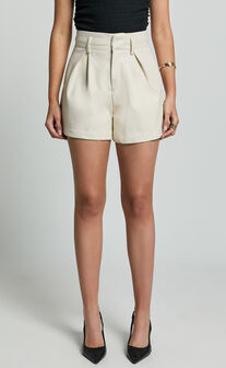 Nami Shorts - High Waisted Pleated Tailored PU Shorts in Bone