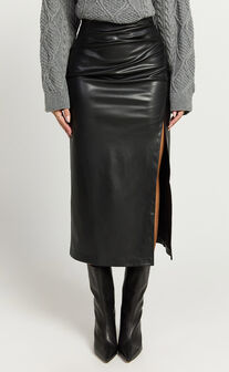 Chantel Midi Skirt - High Waist Ruched Faux Leather Skirt in Black