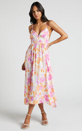 Llewellyn Midi Dress - V Neck Dress in Pink Floral | Showpo USA