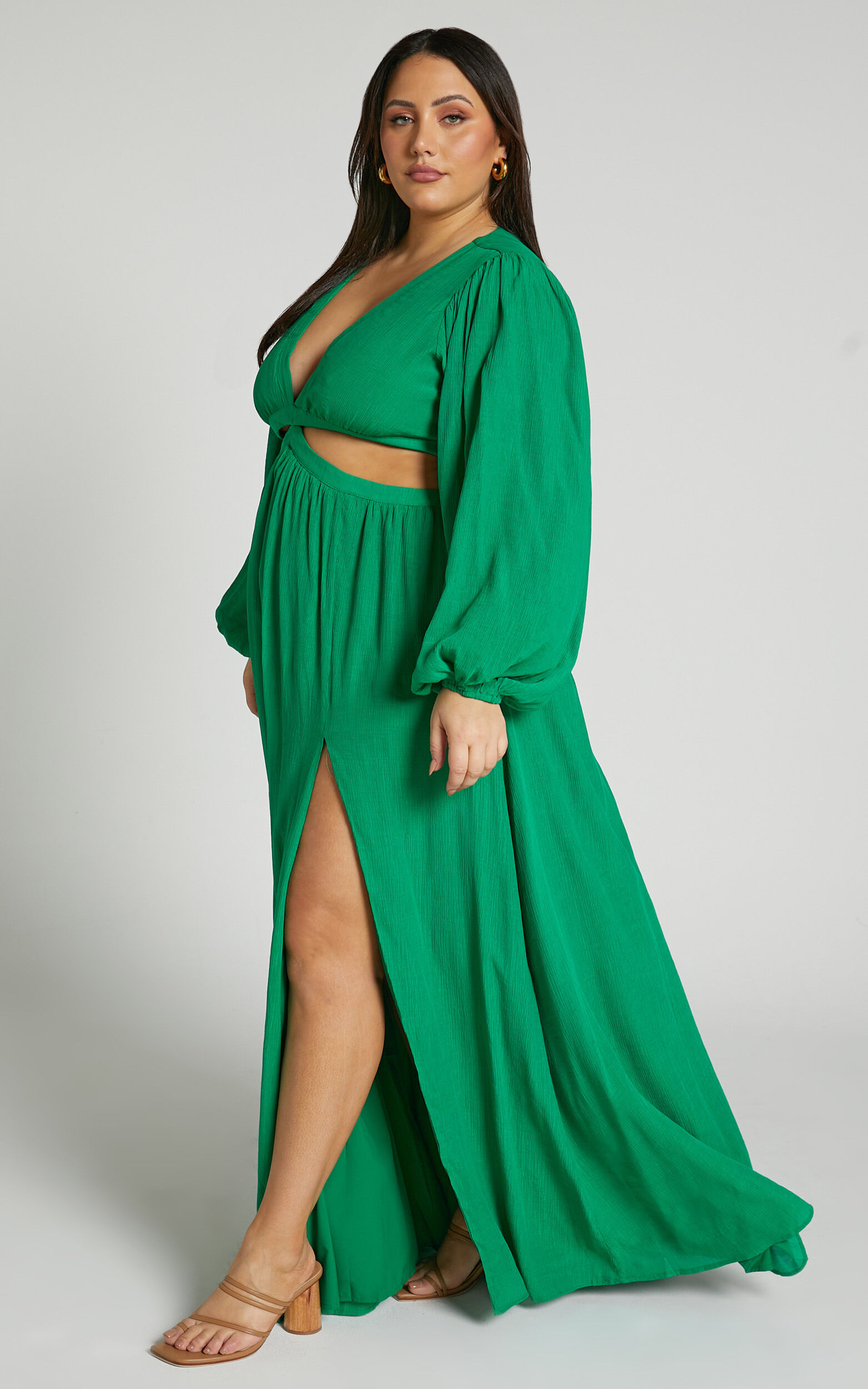 Paige Maxi Dress - Side Cut Out Balloon Sleeve Dress in Green | Showpo USA