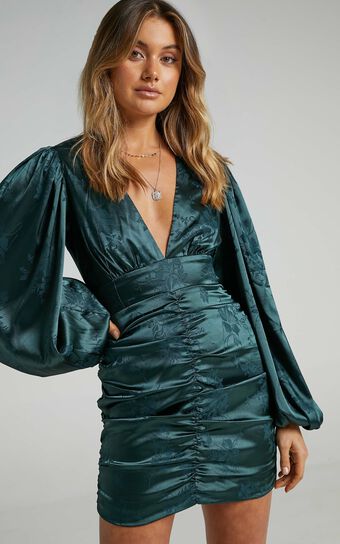 Richmond Mini Dress - Long Sleeve Ruched Dress in Emerald