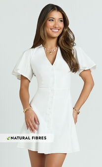 Sahar Mini Dress - Flutter Sleeve Button Through Dress in White