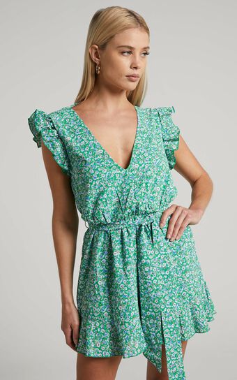 Alayssa Playsuit - V Neck Tie Waist Ruffle Playsuit in Green Ditsy