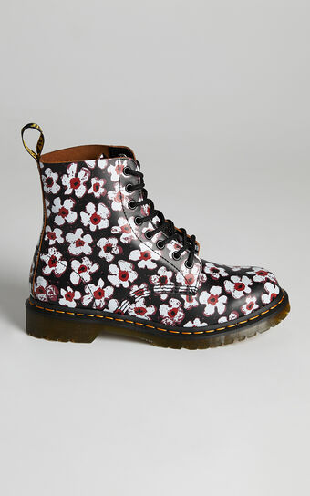 Dr. Martens - 1460 Pascal 8 Eye Boot in Black/Red Pansy Fayre Vintage Smooth