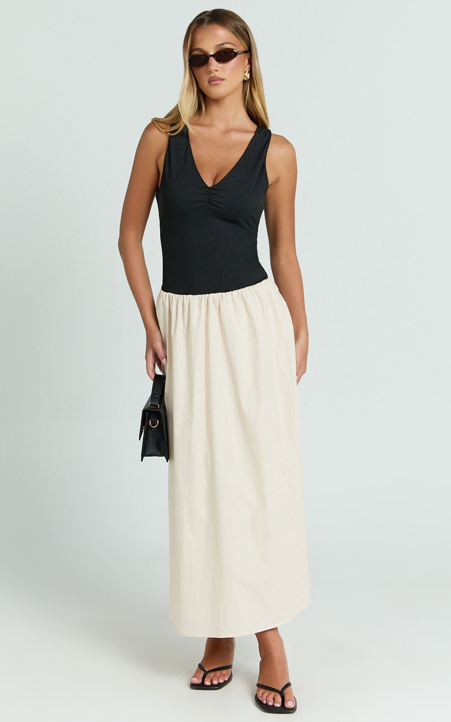 Hermi Midi Dress - Ribbed Bodice V Neck Dress in Cream - 06, CRE1