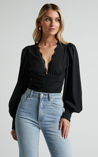 Selina Top - Long Sleeve Button Detail V Neck in Black