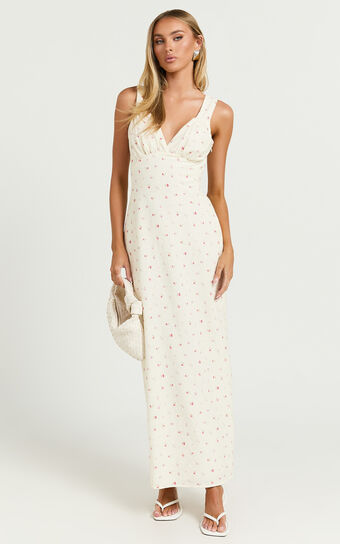 Mauriel Midi Dress - Deep V Gathered Bust Slip Dress in Lemon Floral