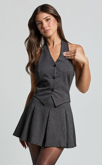 Camille Mini Dress - Halter Neck Vest and Pleated Skirt Mini Dress in Charcoal Pinstripe