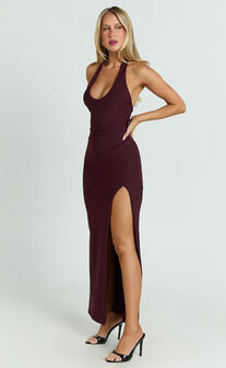 Ruby Maxi Dress - Halter Scoop Neck Low Back Bodycon Dress in Wine