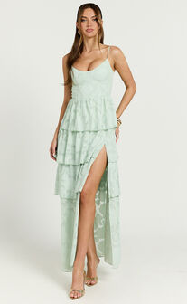 Janezkie Maxi Dress - Femme Tiered Jacquard Formal Dress in Mint