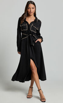 Ally Midi Dress - Collared Button Through Long Sleeve Tie Dress in Black